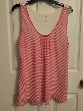 New York & Company Pink and White Diagonal Stripe Scoop Tank